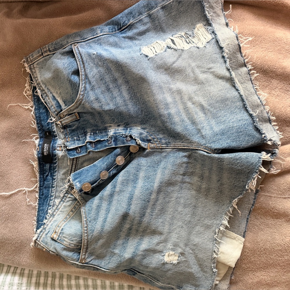 Button-Fly Light Blue Distressed Women’s Denim Shorts
